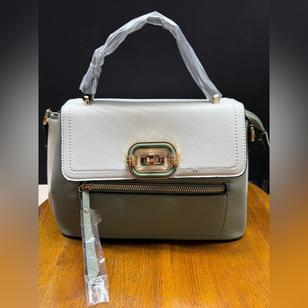 NEW Elegant VEGAN Two-Tone Olive/Cream Handbag/Crossbody Bag with Gold Tone Lock